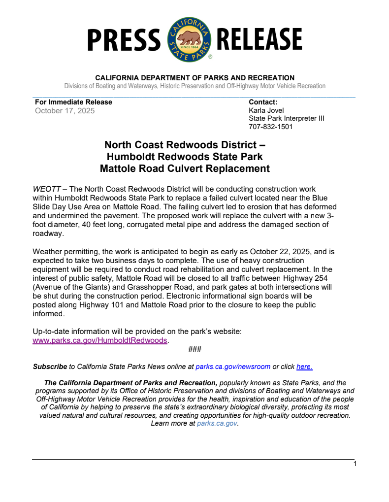 Mattole Road Closure Planned Near Blue Slide Day Use Area for Culvert Repairs